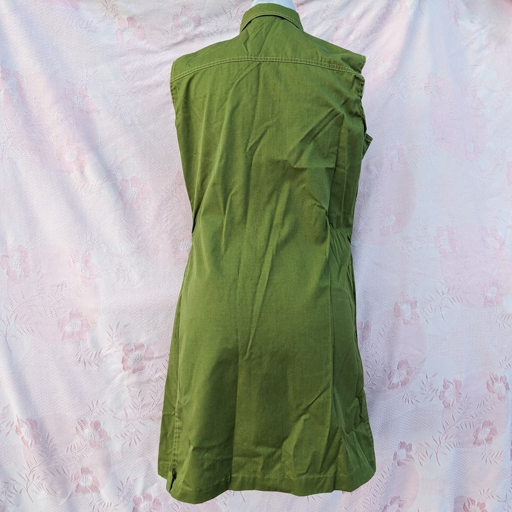 Vintage 60s 70s Mod Mini Dress M Olive Green Button Front Shift Twiggy Utility - Picture 5 of 14